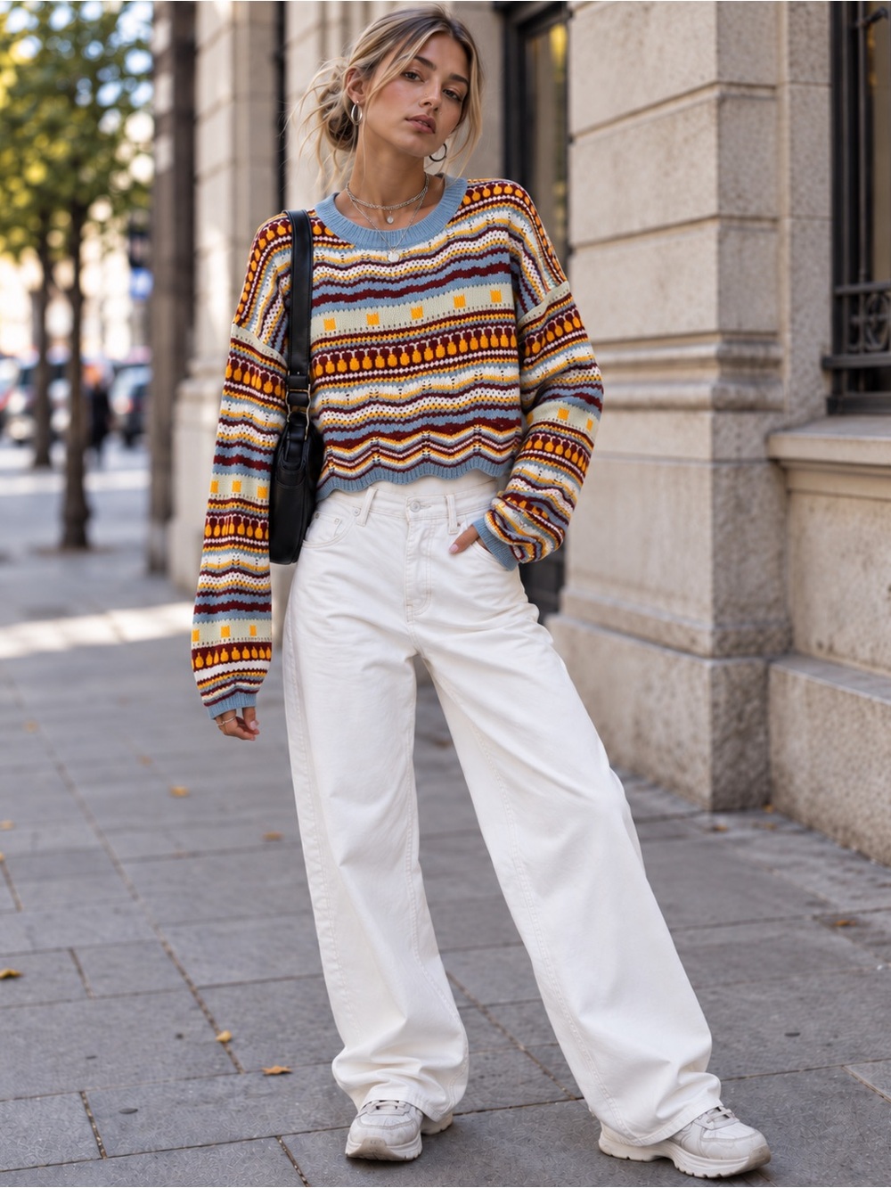 SHEIN Retro Multicolor Cropped Knit Sweater – Size M